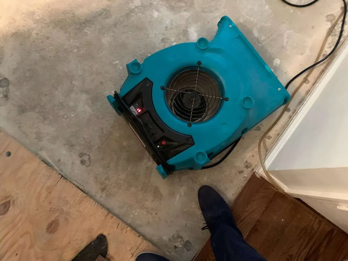 Air mover drying subfloor during Commercial Water Damage Restoration in Ridgefield Park village